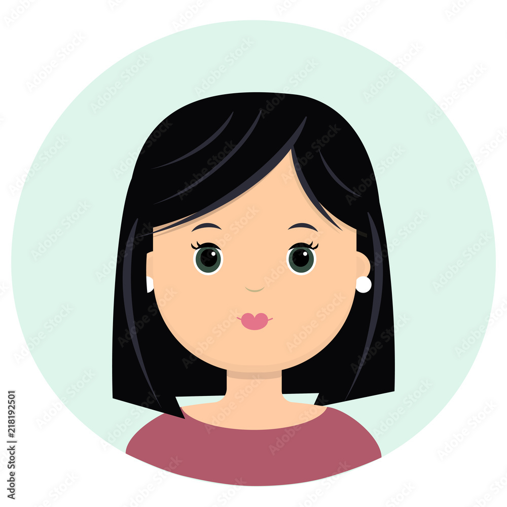 Beautiful young woman with black hair up to her shoulders. Portrait of modern fashion, hairstyle salon, vector icon, isolated on white background. Beautiful young woman with black hair up to her shoulders. Portrait of modern fashion, hairstyle salon, vector icon, isolated on white background.