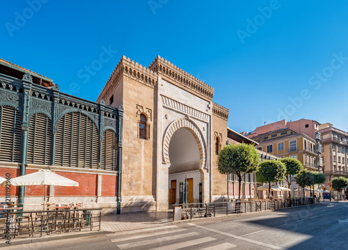 Panorama view of the Arabic marble arch, entrance of the Atarazanas food market in the historic centre of the city of Malaga, Spain