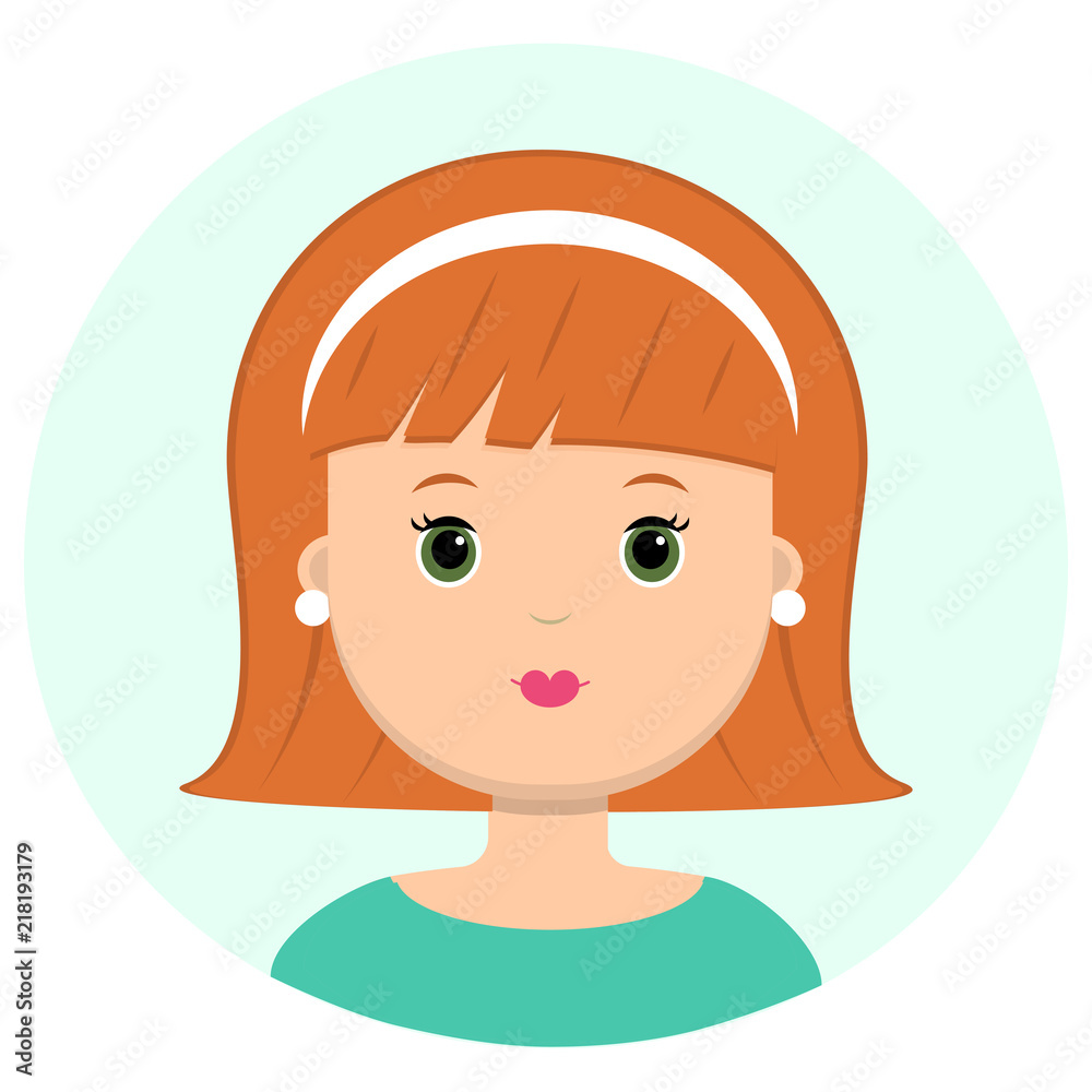 Beautiful young woman with red short hair and bezel. Portrait of modern fashion, hairstyle salon, vector icon, isolated on white background. Beautiful young woman with red short hair and bezel. Portrait of modern fashion, hairstyle salon, vector icon, isolated on white background.