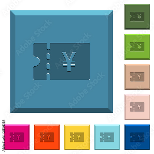 Japanese Yen discount coupon engraved icons on edged square buttons