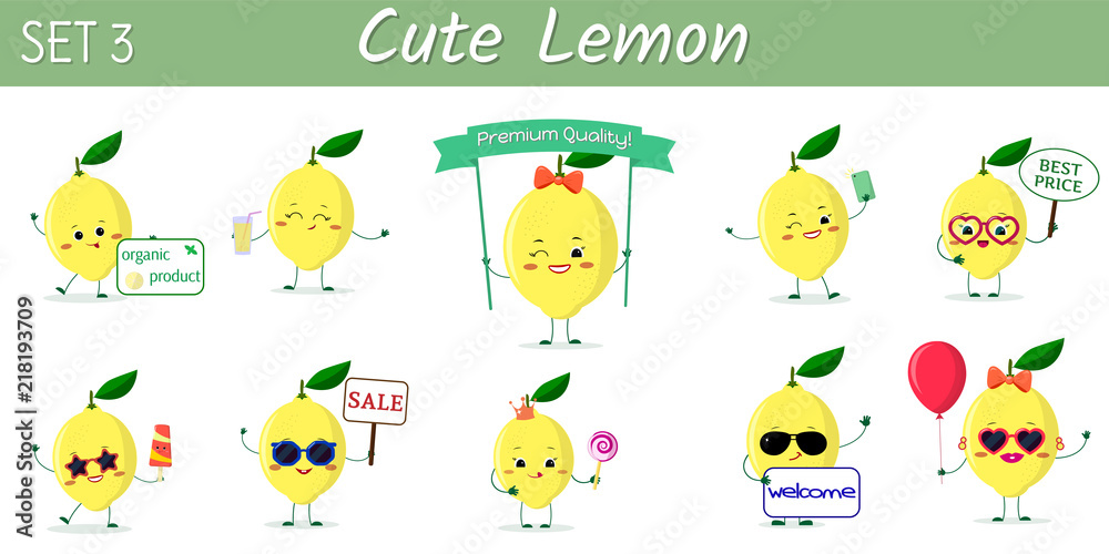 A set of ten cute lemon characters in different poses and accessories in cartoon style. A set of ten cute lemon characters in different poses and accessories in cartoon style.