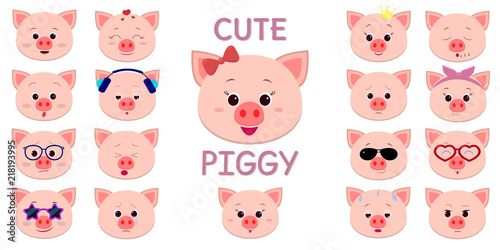 Fototapeta Naklejka Na Ścianę i Meble -  Cute piggy character in the style of a cartoon, a lot of different emotions and accessories.