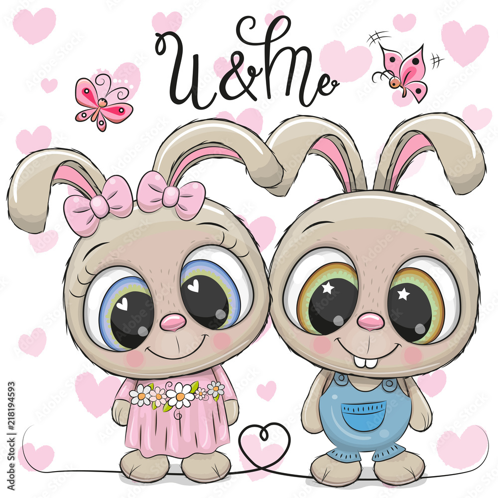 Fototapeta premium Rabbits boy and girl on a hearts background