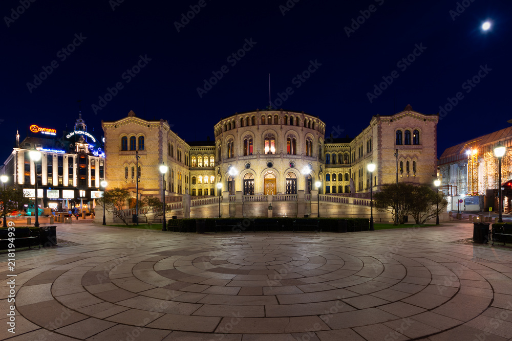 night view of the Norwegian parliament, Oslo, Norway