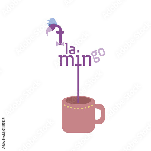 Flamingo from the text, a blue cup - a hat and a red cup. Emblem, logo for a cafe, bar. White background. Isolated object.