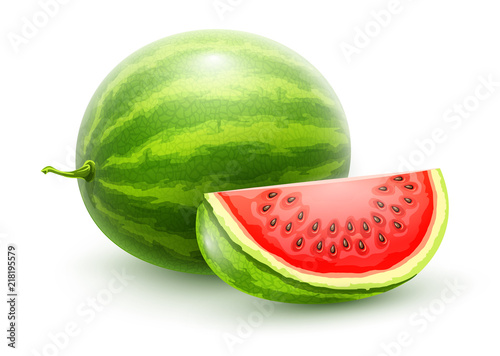 Sweet watermelon. Whole fresh ripe fruit with sliced juicy piece
