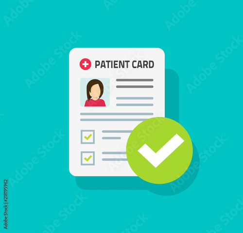 Patient card or medical form list with results data and approved check mark vector illustration, flat cartoon clinical checklist document report with checkbox, insurance or prescription record