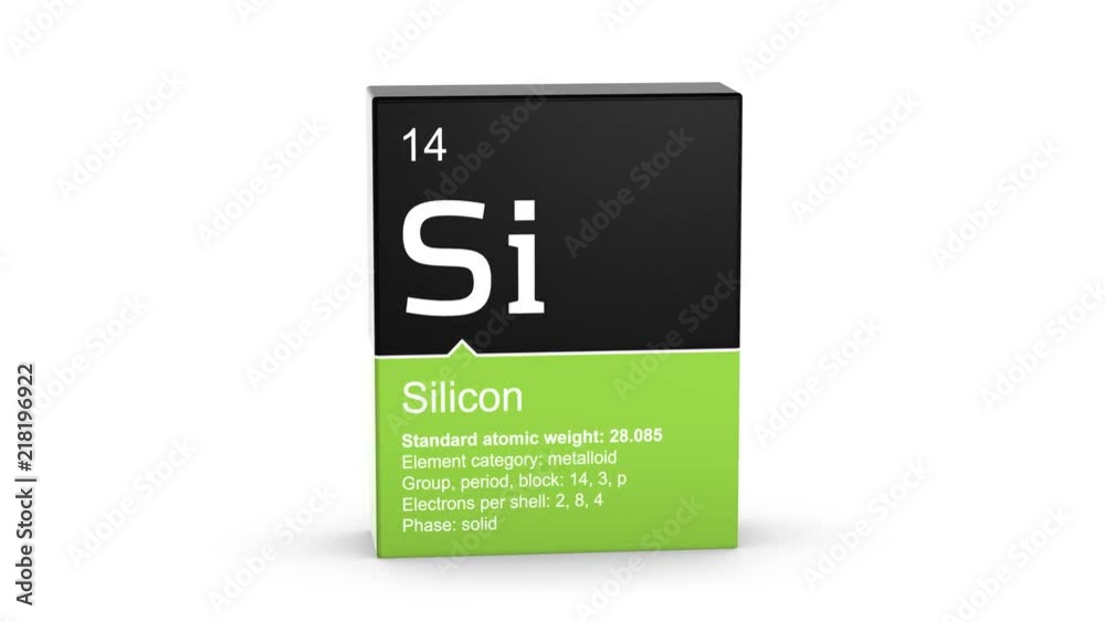 Silicon element symbol from the periodic table with detailed information on colored box 3D animation Silicon element symbol from the periodic table with detailed information on colored box 3D animation