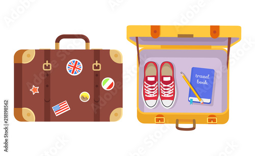 Suitcases Set, Traveler s Equipment Color Poster