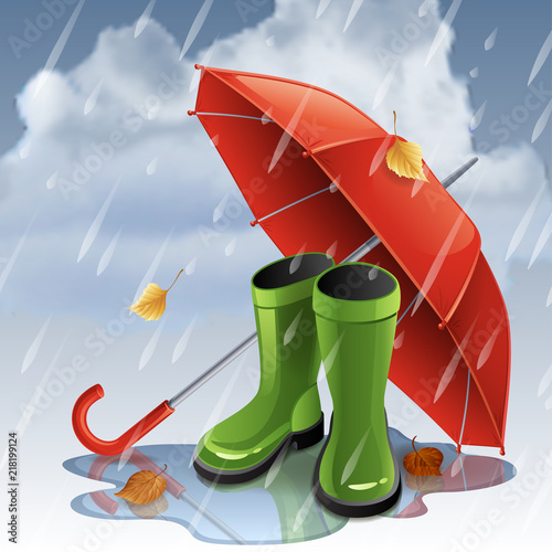 Vector illustration - Autumn background with red umbrella and green gumboots. EPS 10