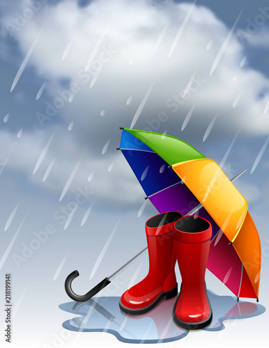 Vector illustration - Autumn background with rainbow umbrella and red gumboots. EPS 10