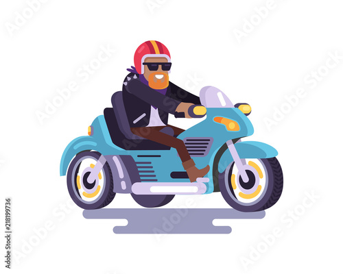 Cheerful Bearded Man on Blue Motorcycle Color Card