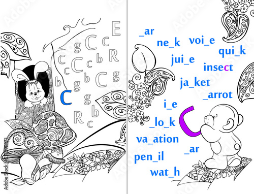 Letters. ABC. Learning to write letters. For children and their parents. Recipe. Illustrated English alphabet. Learn the letters with a rabbit and a bear. Vector illustration. Coloring book.