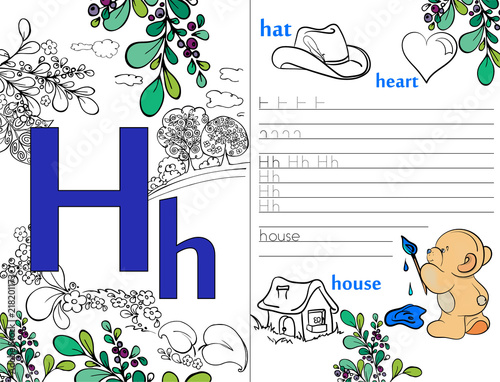 Letters. ABC. Learning to write letters. For children and their parents. Recipe. Illustrated English alphabet. Learn the letters with a rabbit and a bear. Vector illustration. Coloring book.