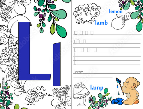 Letters. ABC. Learning to write letters. For children and their parents. Recipe. Illustrated English alphabet. Learn the letters with a rabbit and a bear. Vector illustration. Coloring book.
