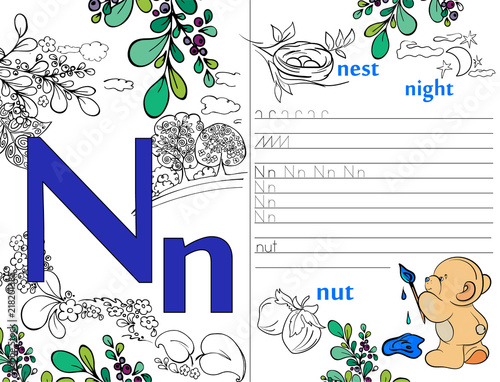 Letters. ABC. Learning to write letters. For children and their parents. Recipe. Illustrated English alphabet. Learn the letters with a rabbit and a bear. Vector illustration. Coloring book.