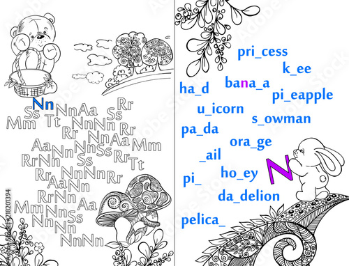 Letters. ABC. Learning to write letters. For children and their parents. Recipe. Illustrated English alphabet. Learn the letters with a rabbit and a bear. Vector illustration. Coloring book.