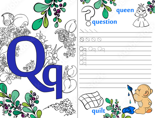 Letters. ABC. Learning to write letters. For children and their parents. Recipe. Illustrated English alphabet. Learn the letters with a rabbit and a bear. Vector illustration. Coloring book.