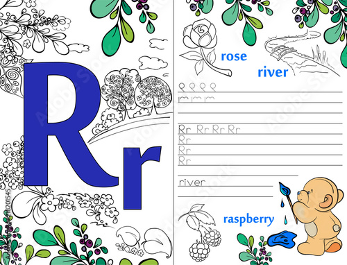 Letters. ABC. Learning to write letters. For children and their parents. Recipe. Illustrated English alphabet. Learn the letters with a rabbit and a bear. Vector illustration. Coloring book.