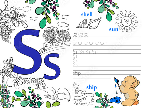 Letters. ABC. Learning to write letters. For children and their parents. Recipe. Illustrated English alphabet. Learn the letters with a rabbit and a bear. Vector illustration. Coloring book.