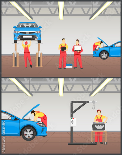 Suspended Car on Stand and Engine Service Banner