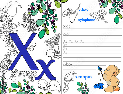 Letters. ABC. Learning to write letters. For children and their parents. Recipe. Illustrated English alphabet. Learn the letters with a rabbit and a bear. Vector illustration. Coloring book.