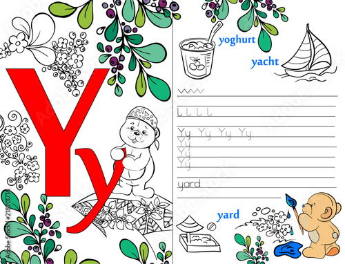 Letters. ABC. Learning to write letters. For children and their parents. Recipe. Illustrated English alphabet. Learn the letters with a rabbit and a bear. Vector illustration. Coloring book.