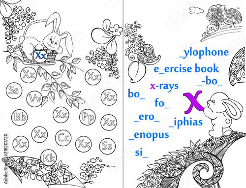 Letters. ABC. Learning to write letters. For children and their parents. Recipe. Illustrated English alphabet. Learn the letters with a rabbit and a bear. Vector illustration. Coloring book.