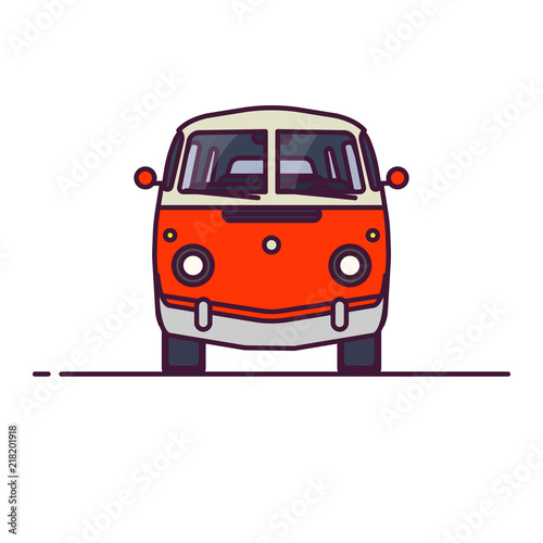 Old style two colors minivan. Front view of red retro hippie bus. Line style vector illustration. Vehicle and transport banner. Retro style old car from 60s or 70s. 