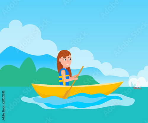 Kayaking Girl Sitting in Boat Vector Illustration