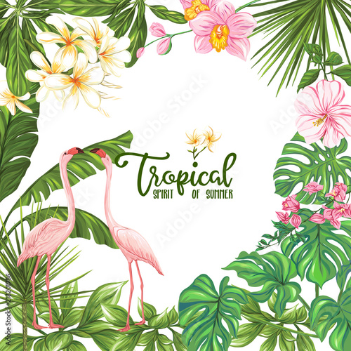 Template of poster, banner, postcard with tropical flowers and plants and flamingo bird on white background. Stock vector illustration