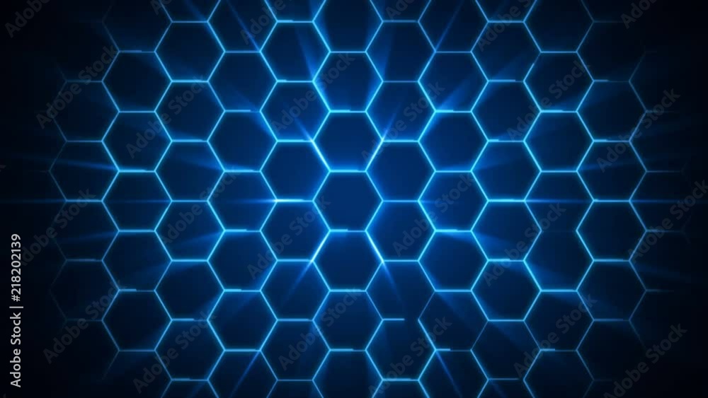 4K futuristic surface. Neon blue light hexagon pattern. Abstract motion background.