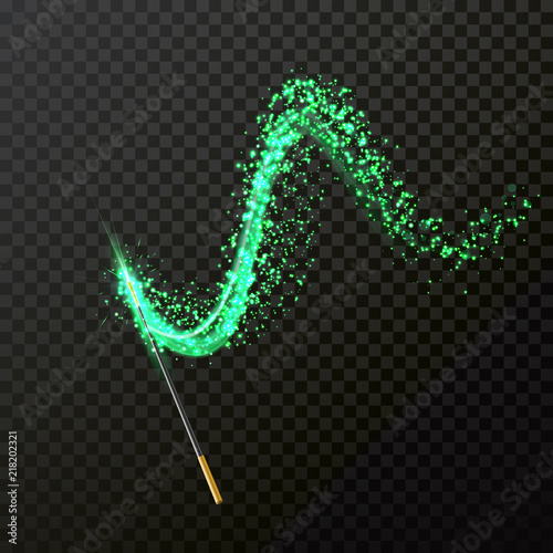 Magic wand and magical sparkle glitter light trail trace. Vector green glittering sparkles on transparent background