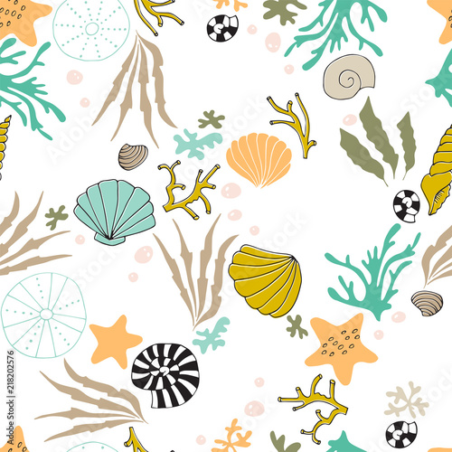 Sea seamless tiled pattern. Underwater world, multicolored seaweeds