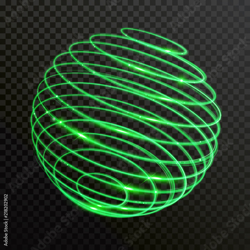 Green glow light sphere of spiral circles with sparkling effect. Vector abstract shiny globe of neon trail shine on transparent background
