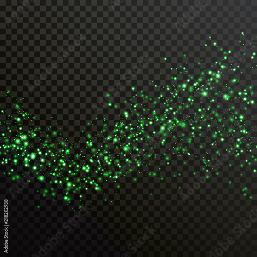 Green particles light or sparkling glitter shine of comet trail. Vector glittery wave with shiny confetti or space star dust effect on transparent background for luxury design
