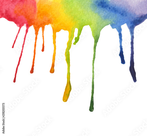 Rainbow colors of paint dripping on white background. Abstract watercolor flow down hand painted background. Textured paper. colorful paint ink droplet. 