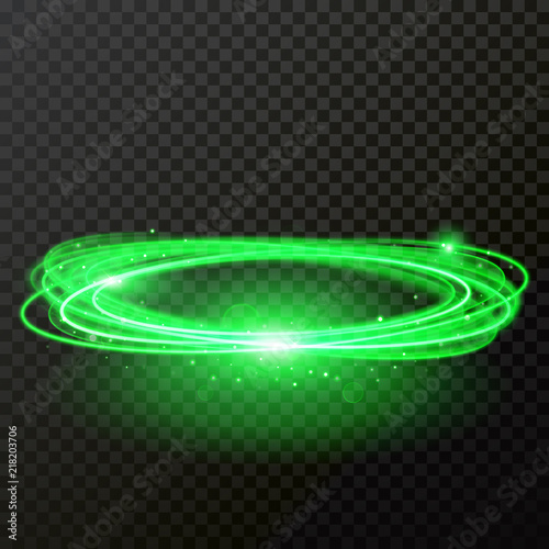 Green neon light abstract circles shine. Vector shiny trace or spiral twirl trail effect on transparent background