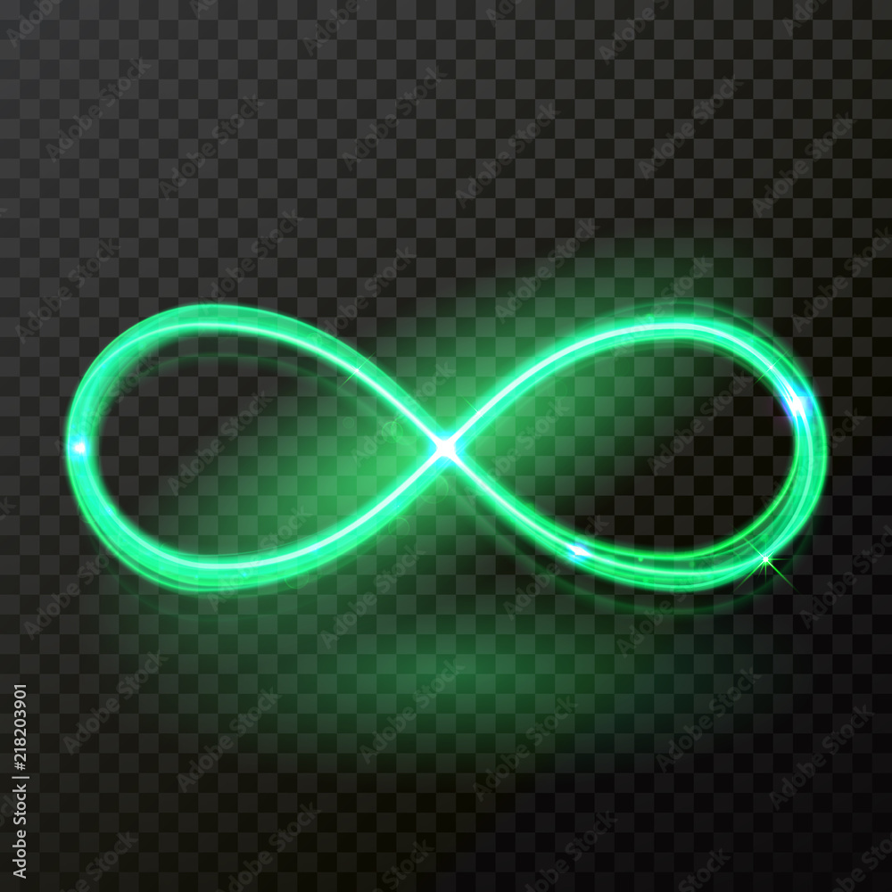 Green neon light of infinity trail trace. Vector abstract neon shine spiral twirl on transparent background