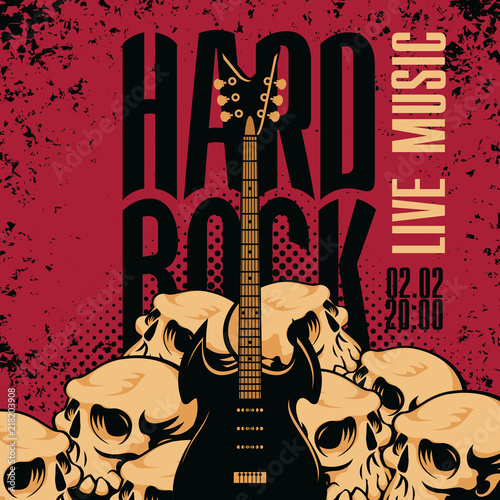 Vector music banner with human skulls, an electric guitar and words Hard rock on red background in grunge style