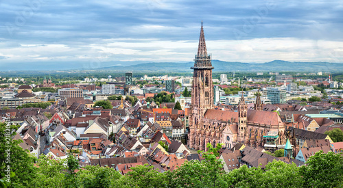 Aerial panorama of Freiburg im Breisgau with Cathedral on foreground, Germany