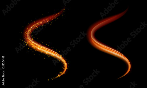 Golden light glow vector shiny trace or spiral trail with flame shine effect