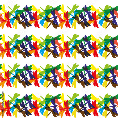 Many colored dragonflies on a white background.