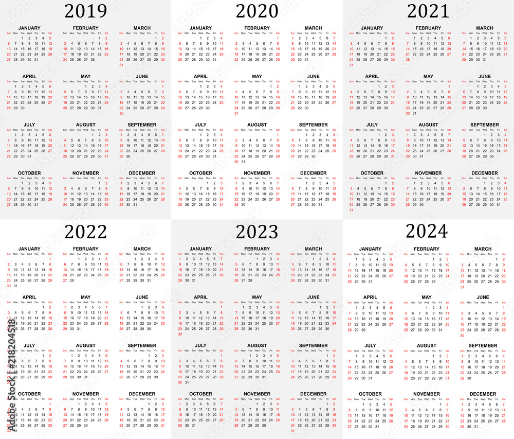 Six year calendar 2019, 2020, 2021, 2022, 2023 and 2024 in white and