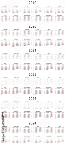 Six year calendar - 2019, 2020, 2021, 2022, 2023 and 2024 in white background.