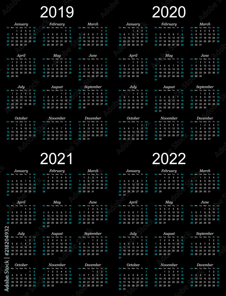 Four year calendar - 2019, 2020, 2021 and 2022 in black background.  Векторный объект Stock | Adobe Stock