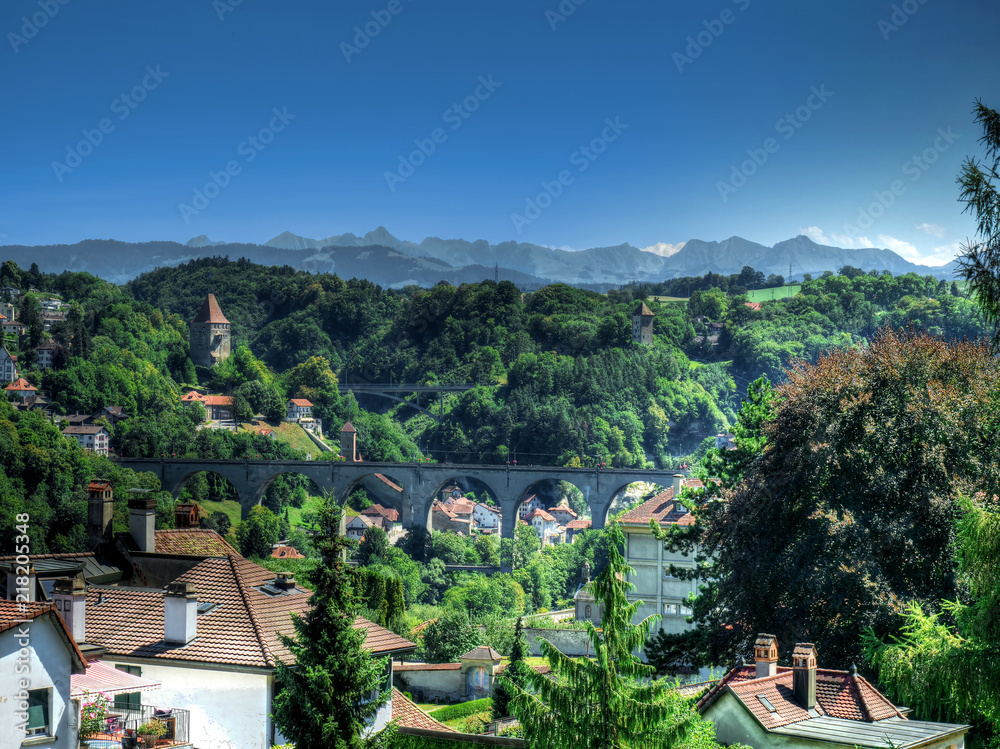 Panorama sur la ville de Fribourg et les Alpes, Fribourg, Suisse