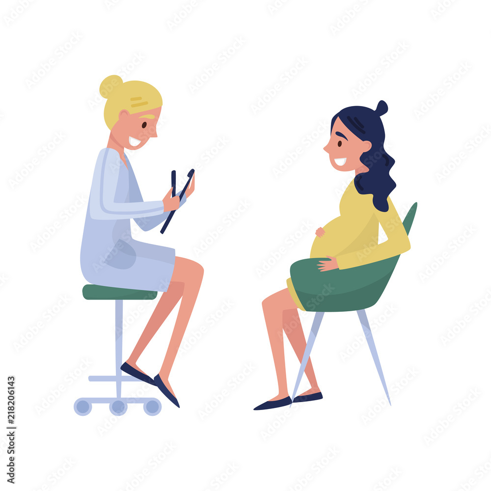 Obstetrician gynecologist advising a pregnant woman in a clinic, medical treatment and healthcare concept vector Illustration on a white background Obstetrician gynecologist advising a pregnant woman in a clinic, medical treatment and healthcare concept vector Illustration on a white background