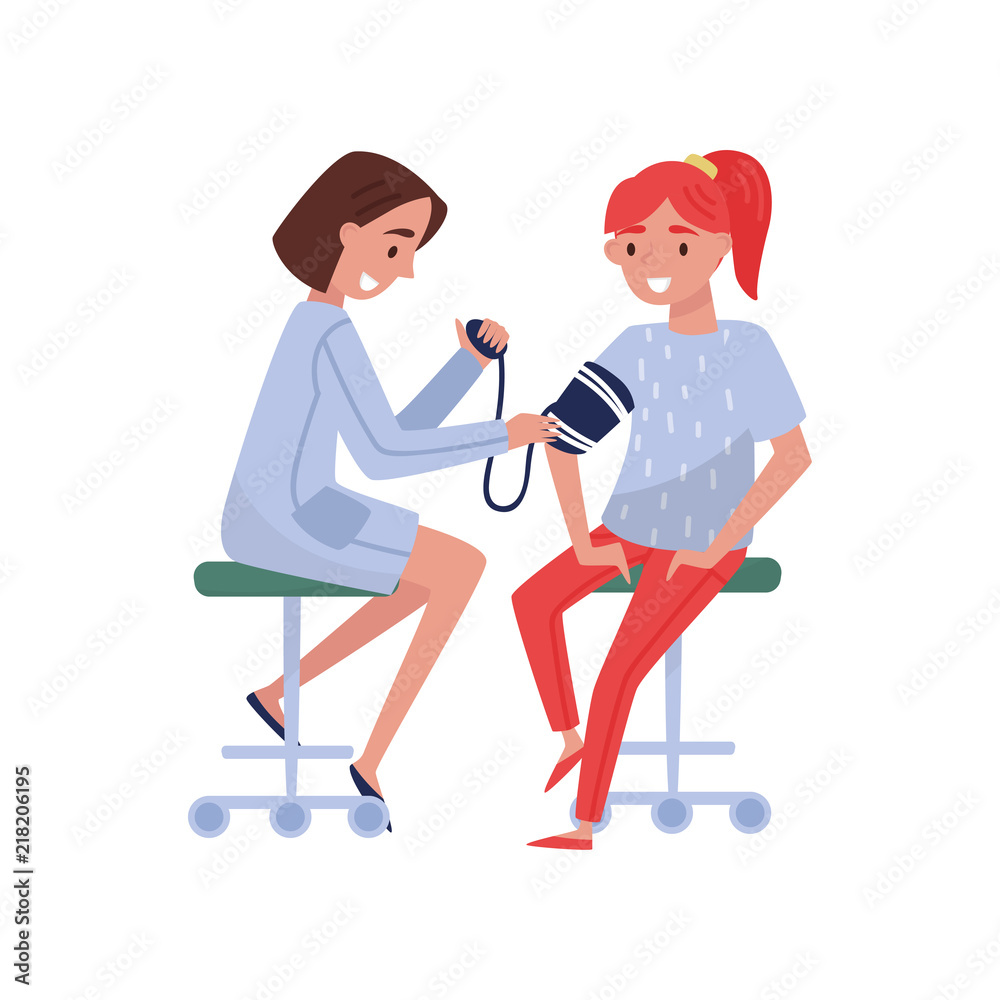 Female doctor measuring blood pressure at female patient, medical treatment and healthcare concept vector Illustration on a white background Female doctor measuring blood pressure at female patient, medical treatment and healthcare concept vector Illustration on a white background