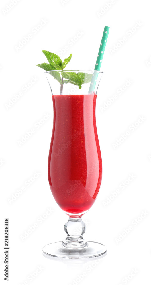 Glass of tasty raspberry smoothie on white background Glass of tasty raspberry smoothie on white background